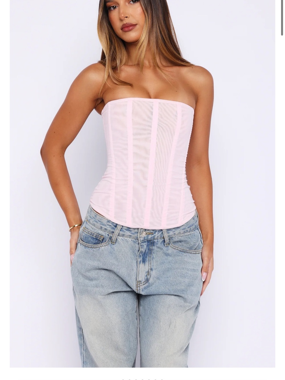 White Fox Boutique Strapless Sheer Boned Corset Top in Light Pink